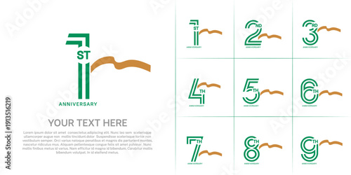 Anniversary logo type set with double line number. green color with brown long ribbon for celebration event