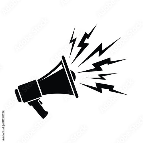 A black and white illustration of a megaphone with lightning bolts
