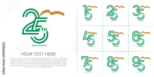 Anniversary logo type set with double line number. green color with brown long ribbon for celebration event