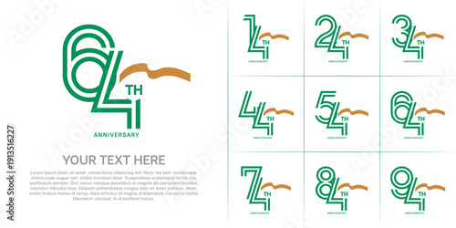Anniversary logo type set with double line number. green color with brown long ribbon for celebration event