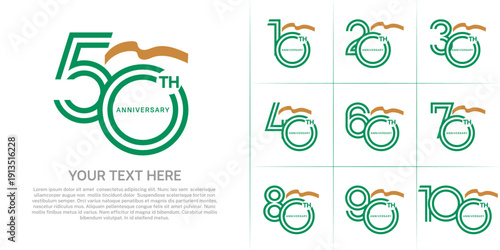 Anniversary logo type set with double line number. green color with brown long ribbon for celebration event
