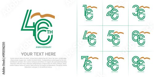Anniversary logo type set with double line number. green color with brown long ribbon for celebration event
