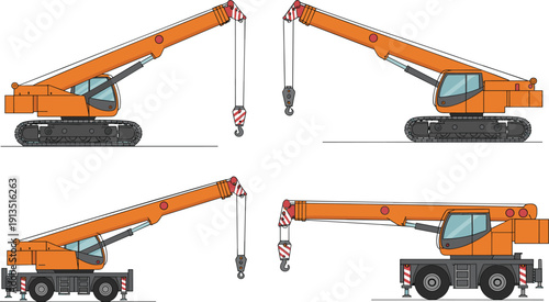 Detailed vector illustration of mobile crane and crawler crane machines showing side views, lifting hooks, construction equipment types, isolated on white background
