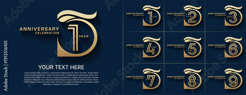 Anniversary logo type set with double line number. gold color for celebration event