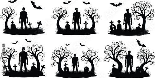 Halloween zombie graveyard silhouette collection featuring undead figures, spooky trees, tombstones and flying bats, creepy horror scenes, black vector illustration isolated on white background