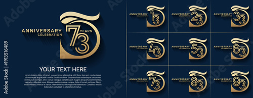 Anniversary logo type set with double line number. gold color for celebration event