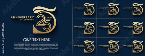 Anniversary logo type set with double line number. gold color for celebration event