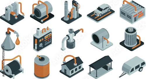 Isometric industrial equipment icons set showing factory machinery, energy production systems, power generation units, manufacturing technology, utility infrastructure, engineering tools, and modern 