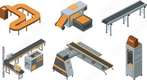 Isometric industrial conveyor machines illustration set featuring automated production line equipment, packaging systems, sorting belts, and factory manufacturing technology for modern processing 