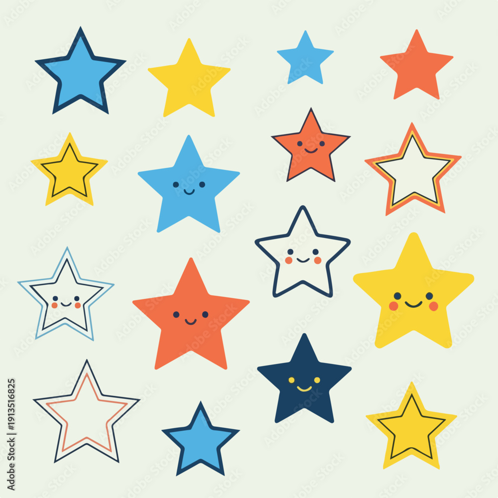 Fototapeta premium A collection of multi-colored stars, some with smiling faces, on a light background
