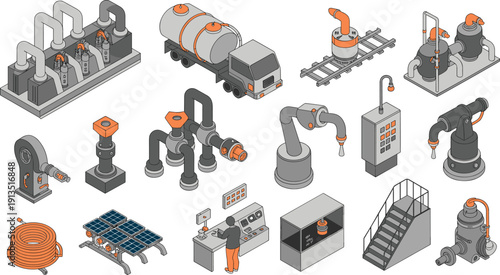 Isometric industrial factory equipment set with pipes, tanks, robots, control panels and machinery, modern manufacturing automation system illustration for engineering, energy and production concepts