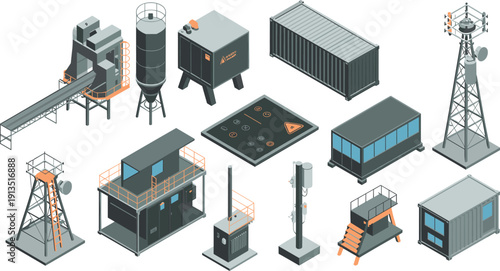 Isometric industrial infrastructure illustration featuring factory buildings, power stations, communication towers, containers, and utility equipment for energy, manufacturing, logistics, 