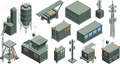 Isometric industrial infrastructure illustration showing factory units, utility buildings, power equipment, storage containers, communication towers, and energy systems for manufacturing, technology, 