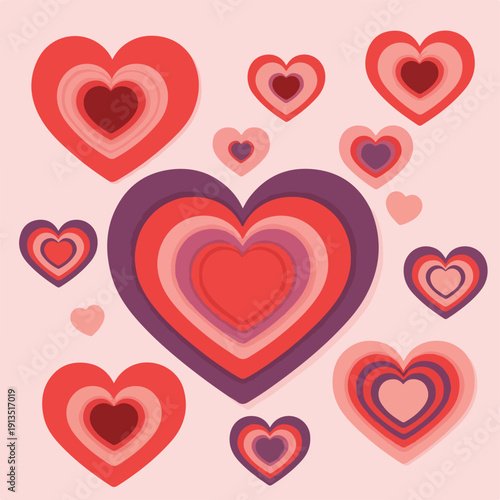 A collection of nested hearts in varying sizes and colors on a pink background