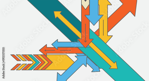 A colorful, geometric composition with arrows of varied sizes