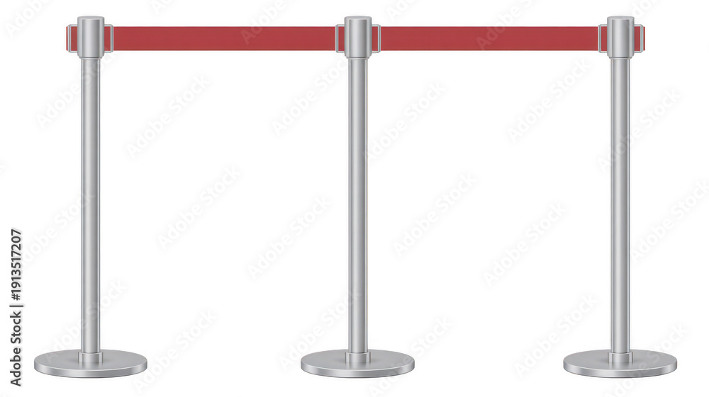 Obraz premium Red and silver stanchions with belt red belt crowd control isolated on a transparent background