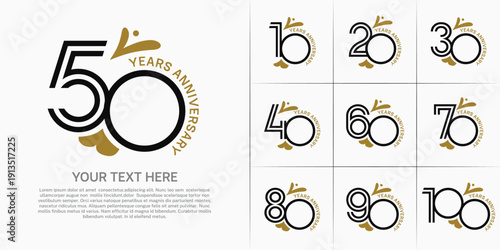 Anniversary logo type set with double line number. brown and black color with leaf ornament can be use special moment