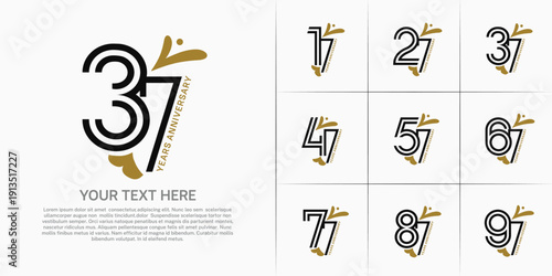 Anniversary logo type set with double line number. brown and black color with leaf ornament can be use special moment