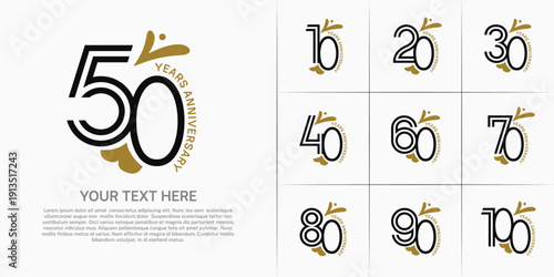 Anniversary logo type set with double line number. brown and black color with leaf ornament can be use special moment