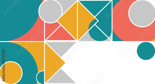 A colorful geometric design comprised of shapes, lines, and various colors