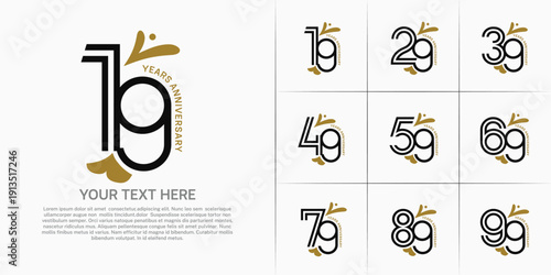 Anniversary logo type set with double line number. brown and black color with leaf ornament can be use special moment