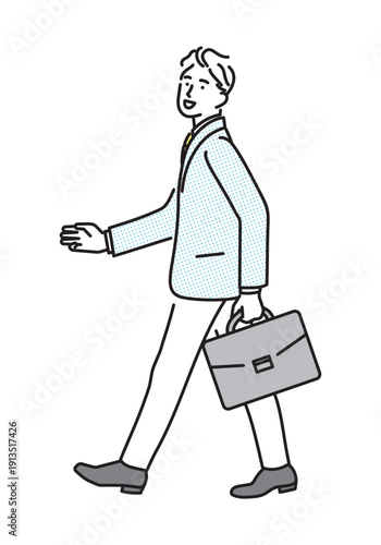 シンプル　イラスト　歩きながら営業に向かうビジネスパーソンの男性のイラスト　ビジネスシーン