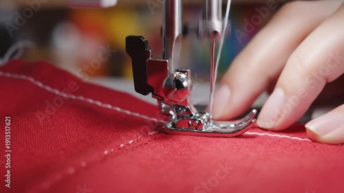 A person sewing a red fabric with a sewing machine in a creative workspace video