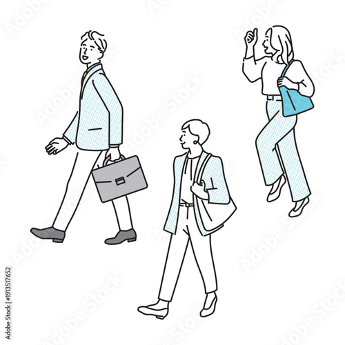 シンプル　イラスト　歩く・ジャンプするビジネスパーソン男女のポーズセットイラスト　ビジネスシーン