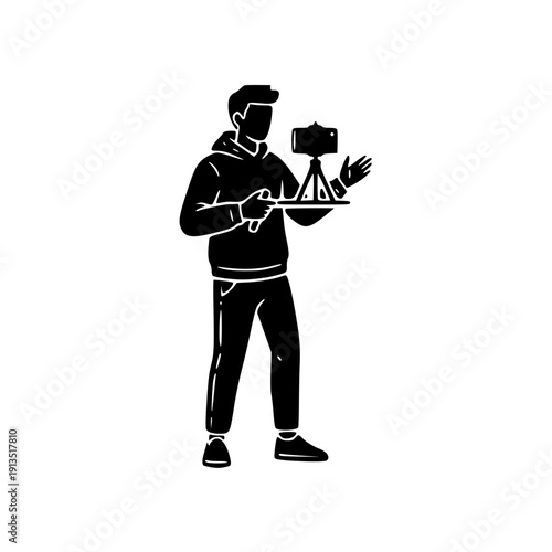 Minimalist Silhouette Illustration of a Male Content Creator Vlogging with Camera and Tripod