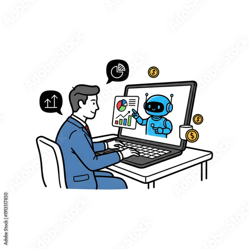 businessman using ai robot for financial data analysis and investment growth on laptop illustration