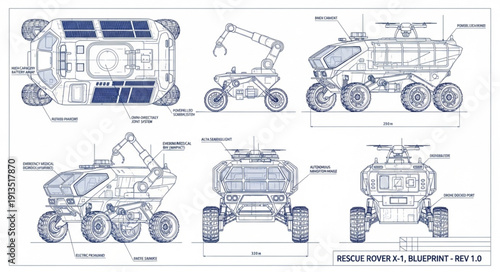 Blueprint of a futuristic exploration rover vehicle design.