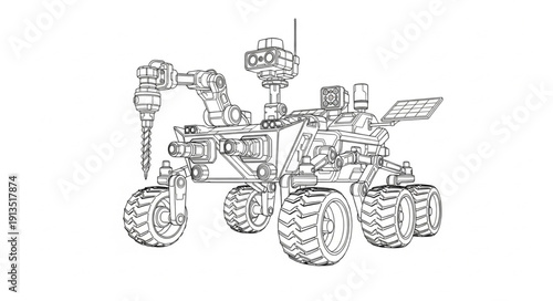 Mars Rover Illustration with Detailed Mechanical Components.