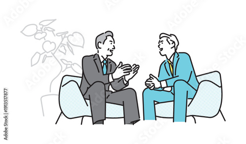 シンプル　イラスト　対談するビジネスマンの男性二人　ビジネスシーン