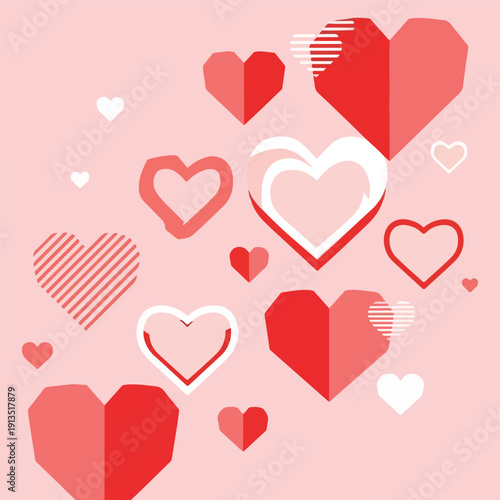 A collection of red and white hearts on a soft pink background