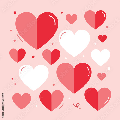 A collection of red, pink, and white hearts on a soft pink background