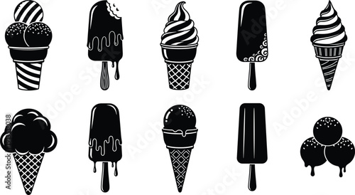 Ice cream and popsicle collection featuring waffle cones, soft serve swirls, chocolate dipped bars, and frozen fruit pops for summer, cad drawing flat vector illustration