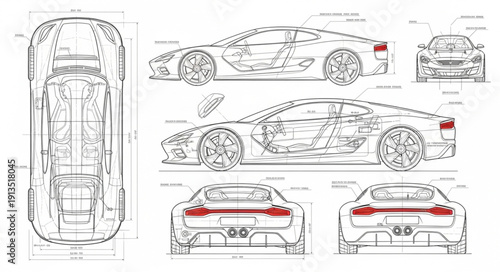Detailed Blueprint Schematics of a Modern Sports Car.