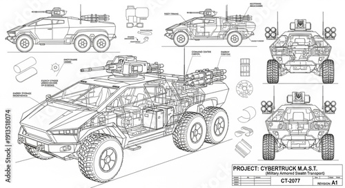 Detailed technical drawing of a military armored vehicle.