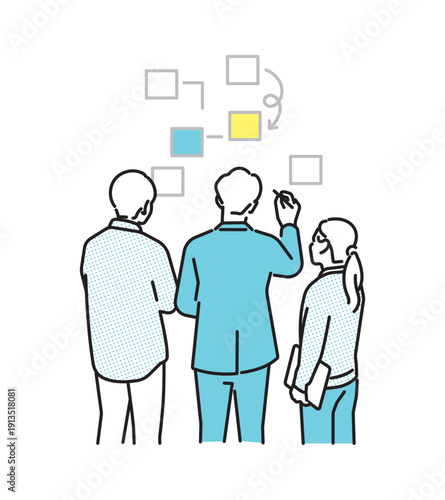 シンプル　イラスト　ブレインストーミングをするビジネスパーソンの男性と女性　ビジネスシーン