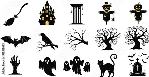 Halloween icon set with haunted castle, spooky ghosts, black cat, scarecrow, cemetery tombstone, creepy trees, and flying bats for holiday, cad drawing flat vector illustration