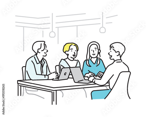 シンプル　イラスト　ミーティングをするビジネスパーソンの男性と女性　ビジネスシーン