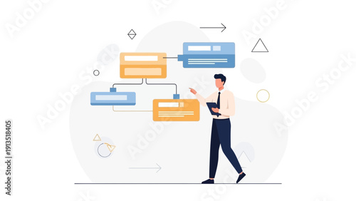 Businessman analyzing flowchart, business process planning and strategy