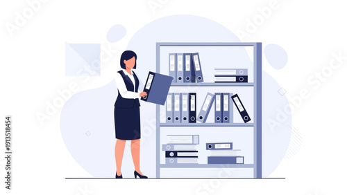 Businesswoman organizing files in office shelf, administrative tasks illustration