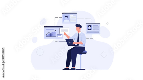 Man reviewing applicant profiles and data on digital screens