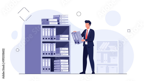 Businessman organizing files in office archive, storage and data management concept