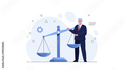 Businessman balancing scales of justice, concept of legal fairness and equality