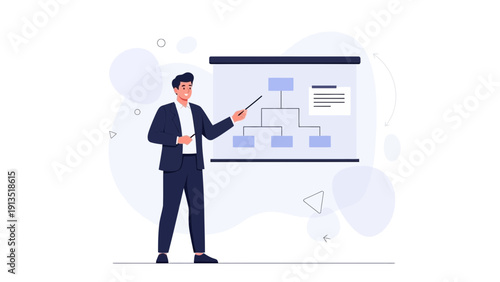 Businessman presenting a flowchart on a whiteboard, business strategy concept