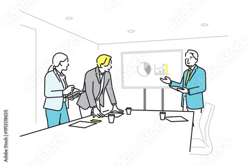 シンプル　イラスト　プレゼンをするビジネスパーソンの男性と女性　ビジネスシーン