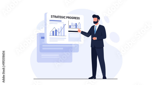 Businessman presenting strategic progress chart with upward trending graphs on whiteboard