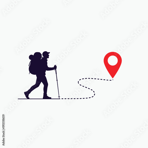 A hiker with a backpack walking towards a destination marker
